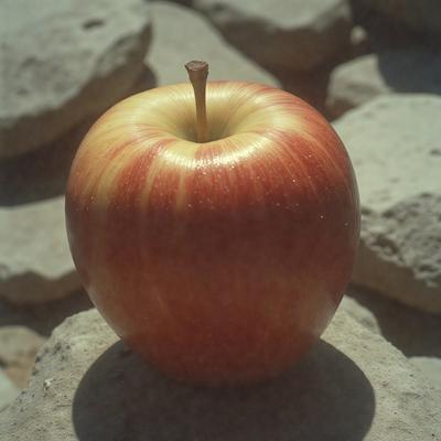 The primary subject of the image is a red and yellow apple, which is placed on a rocky surface. The apple is the focal point of the scene, and it appears to be the main object in the image. The setting is a rocky area, with the apple sitting on a rock. The visual style of the image is a photo, capturing the apple in its natural environment. The colors and mood of the image are vibrant and lively, with the red and yellow apple standing out against the rocky surface.